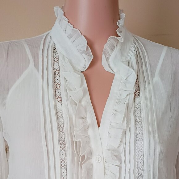 Worthington Tops - White Chiffon Ruffle Popover Top 8 Sheer Pleated Ruffle Front & Collar Blouse